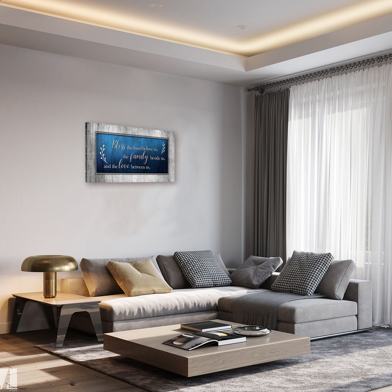 Christian Wall Art Decor Blue and Grey Canvas Prints Bless The Food Quote Wall Pictures Framed Artwork for Home Living Room Dining Room Kitchen Decoration