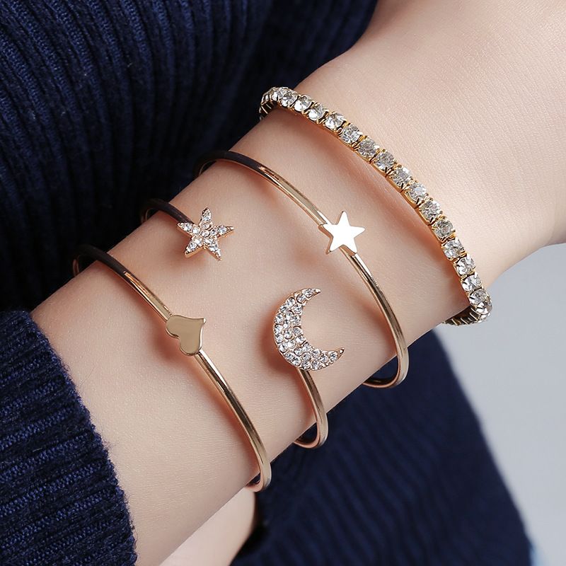 Multi-Layer 4 Pieces Bracelet Set Star Moon Charm Bracelet Bangle Jewelry Gift for Women Teens
